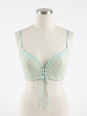 Frederick's of Hollywood Vintage Mint Lace Longline Bra 36F Corset Romantic Chic